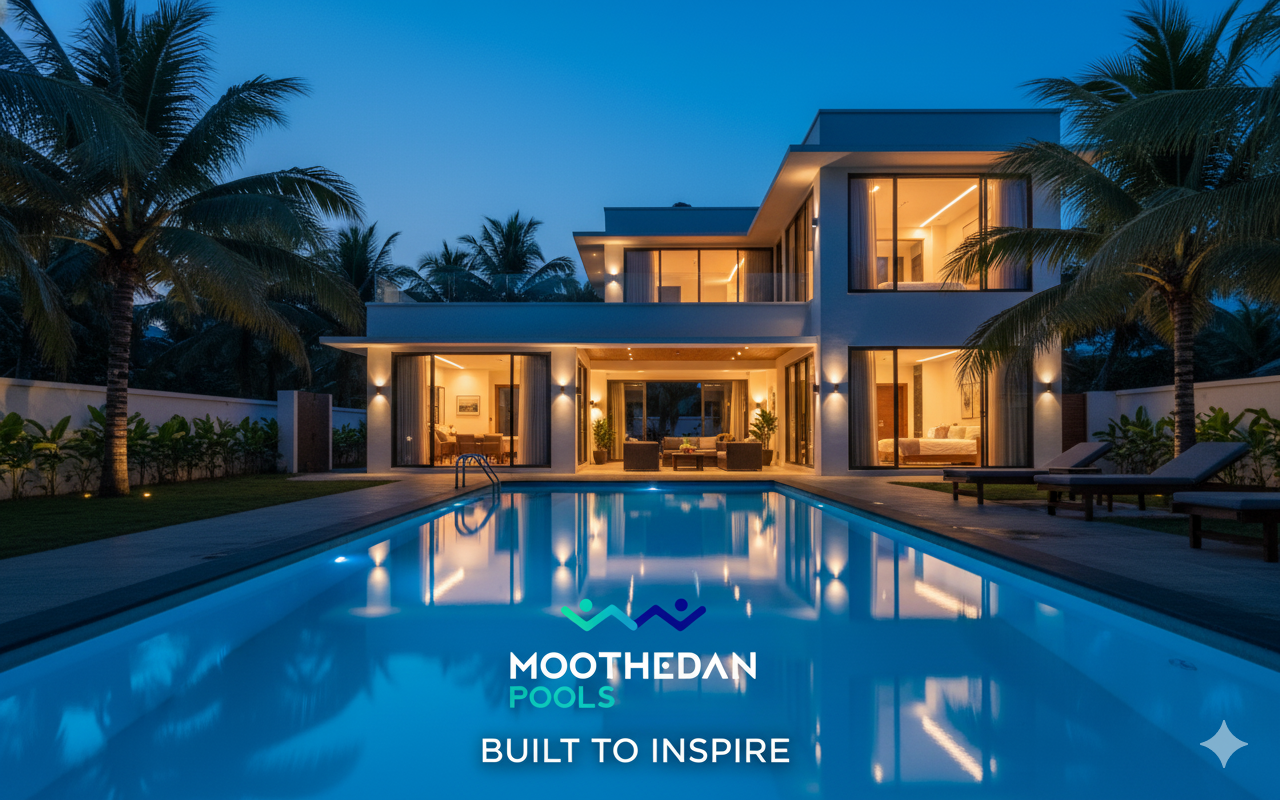 Swimming pool at night — luxury pool builder Moothedan India