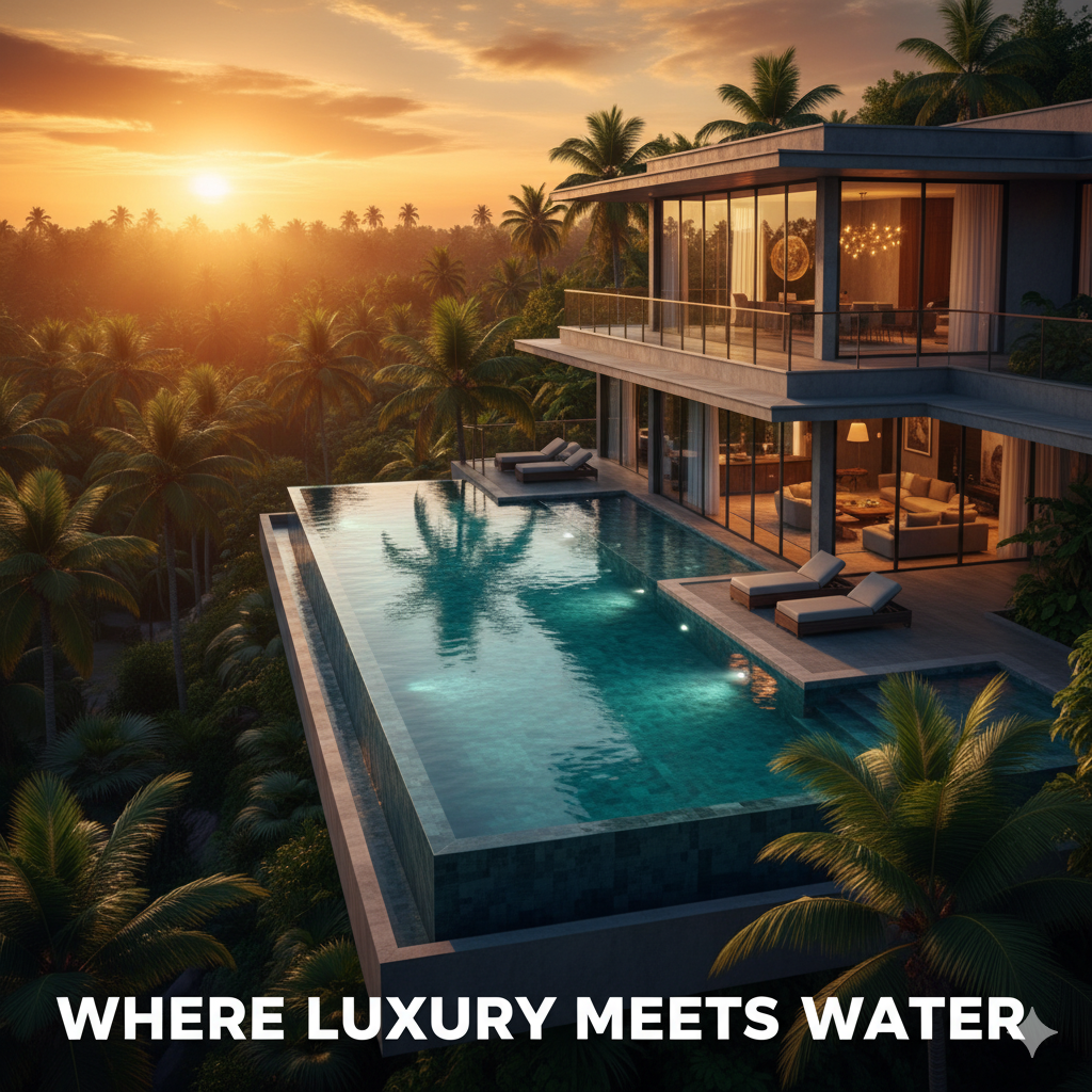 Luxury infinity pool by Moothedan Projects & Pools — aerial view