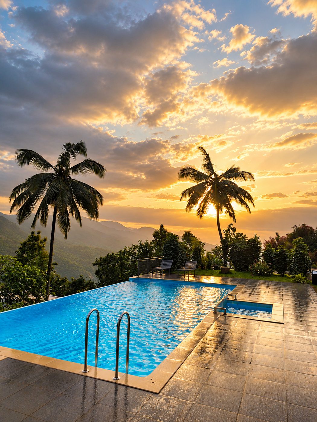 Sunset over a palm-lined infinity pool by Moothedan Projects & Pools