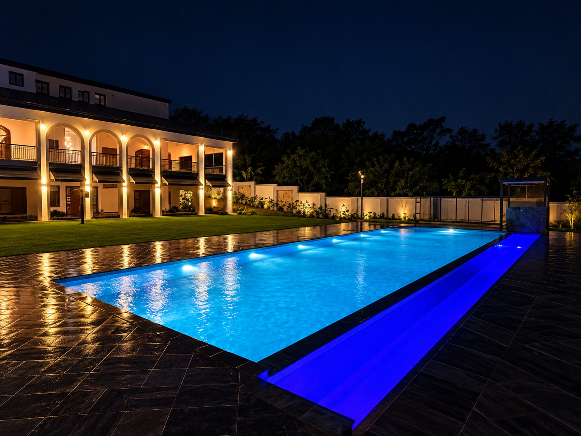 LED-lit infinity pool at night with Moothedan membrane filtration